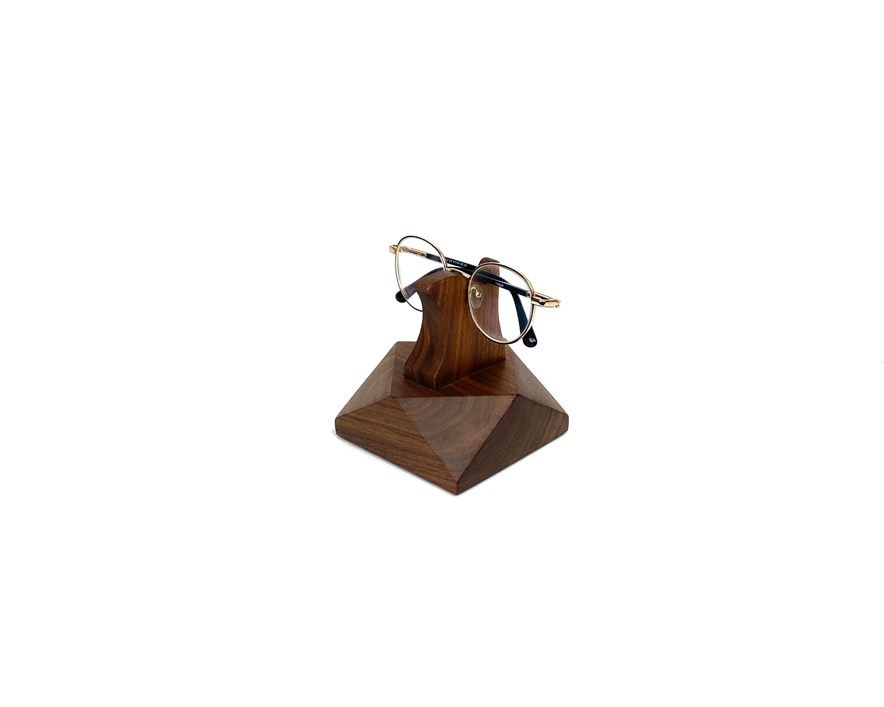 Eyeglasses Stand - Walnut displaying eyeglasses on a handcrafted wooden stand with a smooth finish.