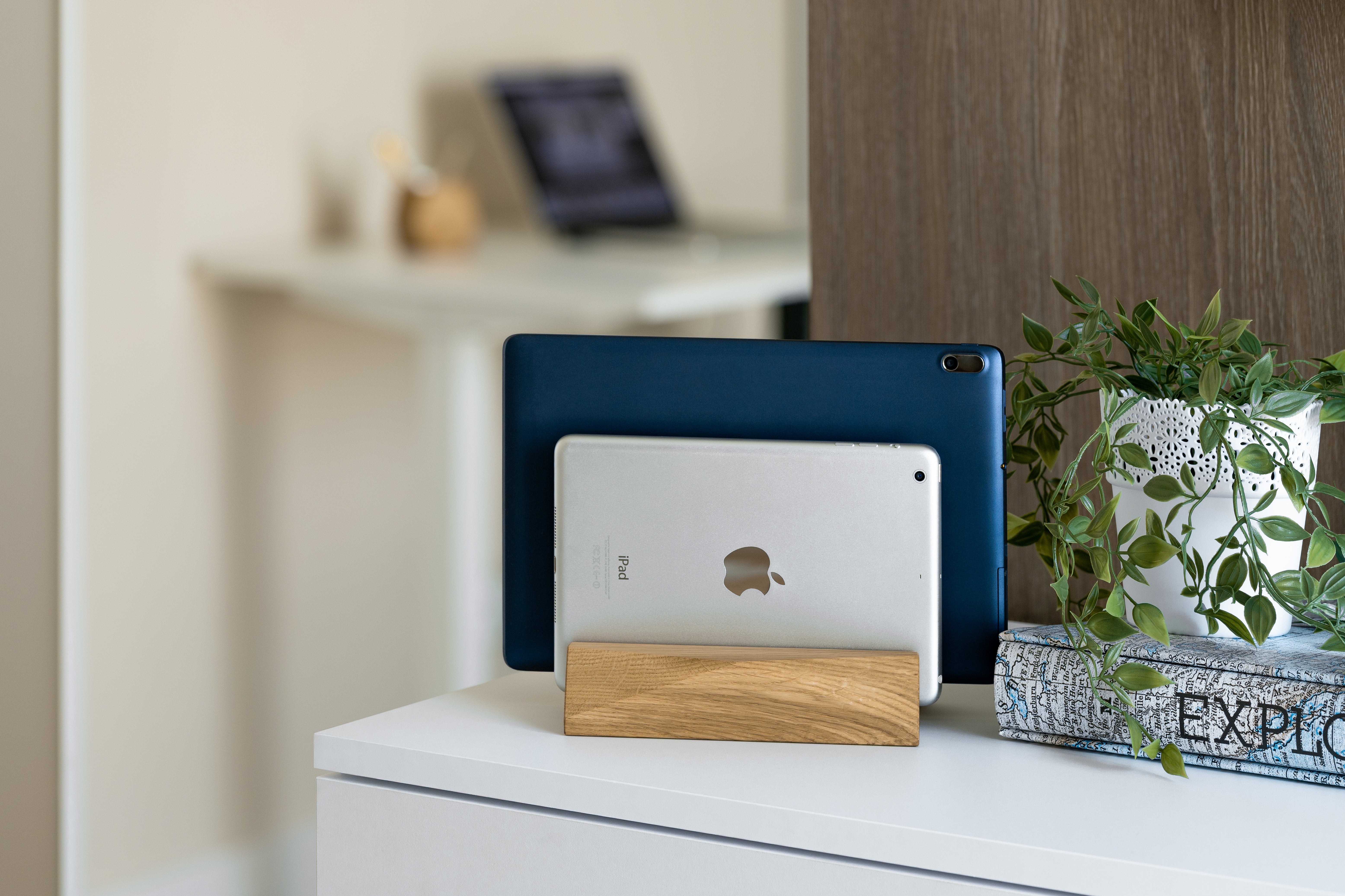 Elegant Dual Laptop Dock in Brown Oak holding two devices, designed for a clutter-free workspace.
