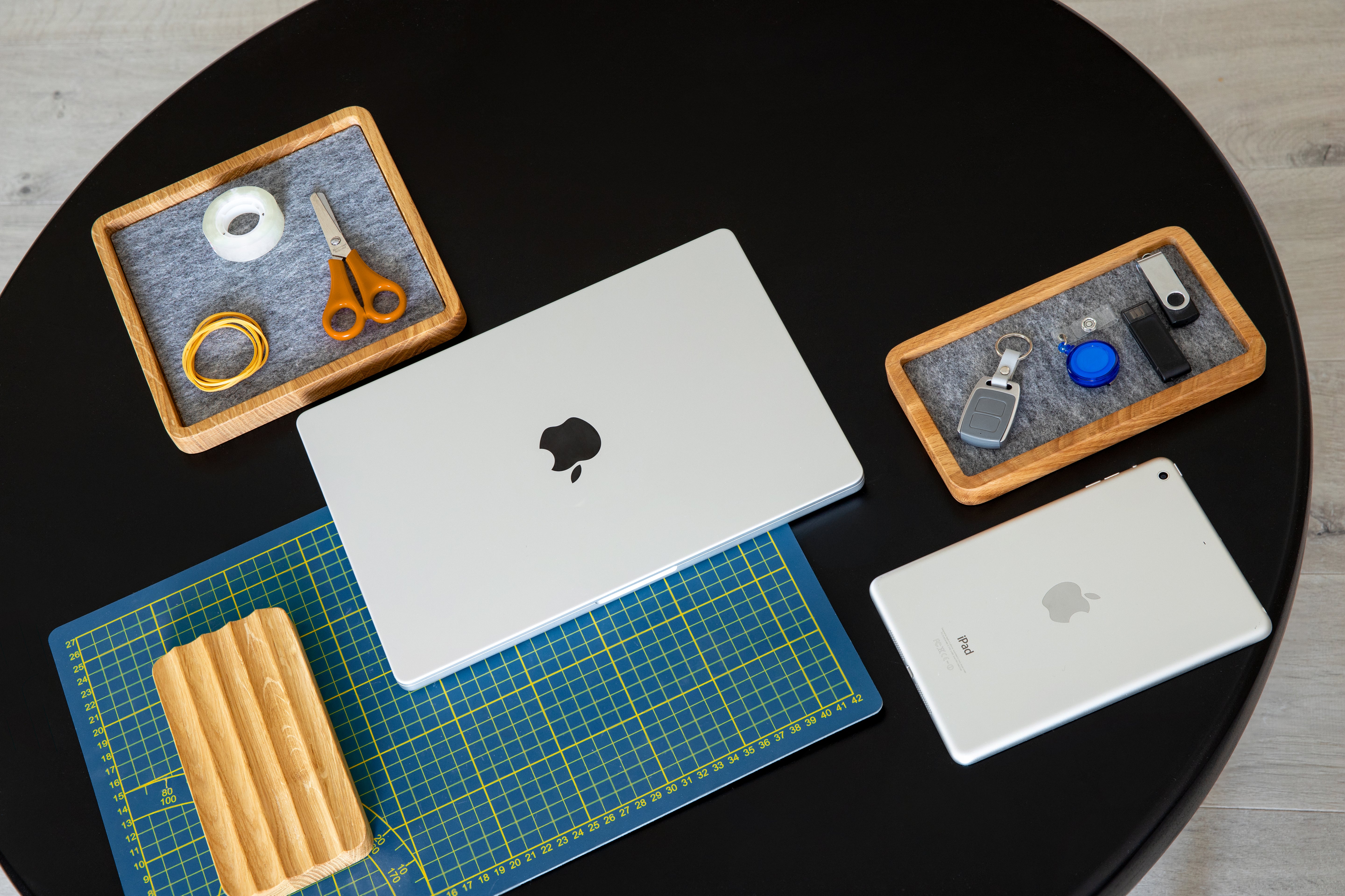 Catch All Tray - Brown Oak - Square organizing desk essentials like a laptop, scissors, and stationery.