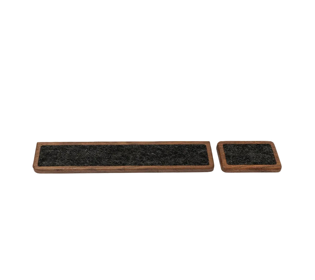 Keyboard wrist rest set in walnut, featuring ergonomic design for wrist support while typing and using a mouse.