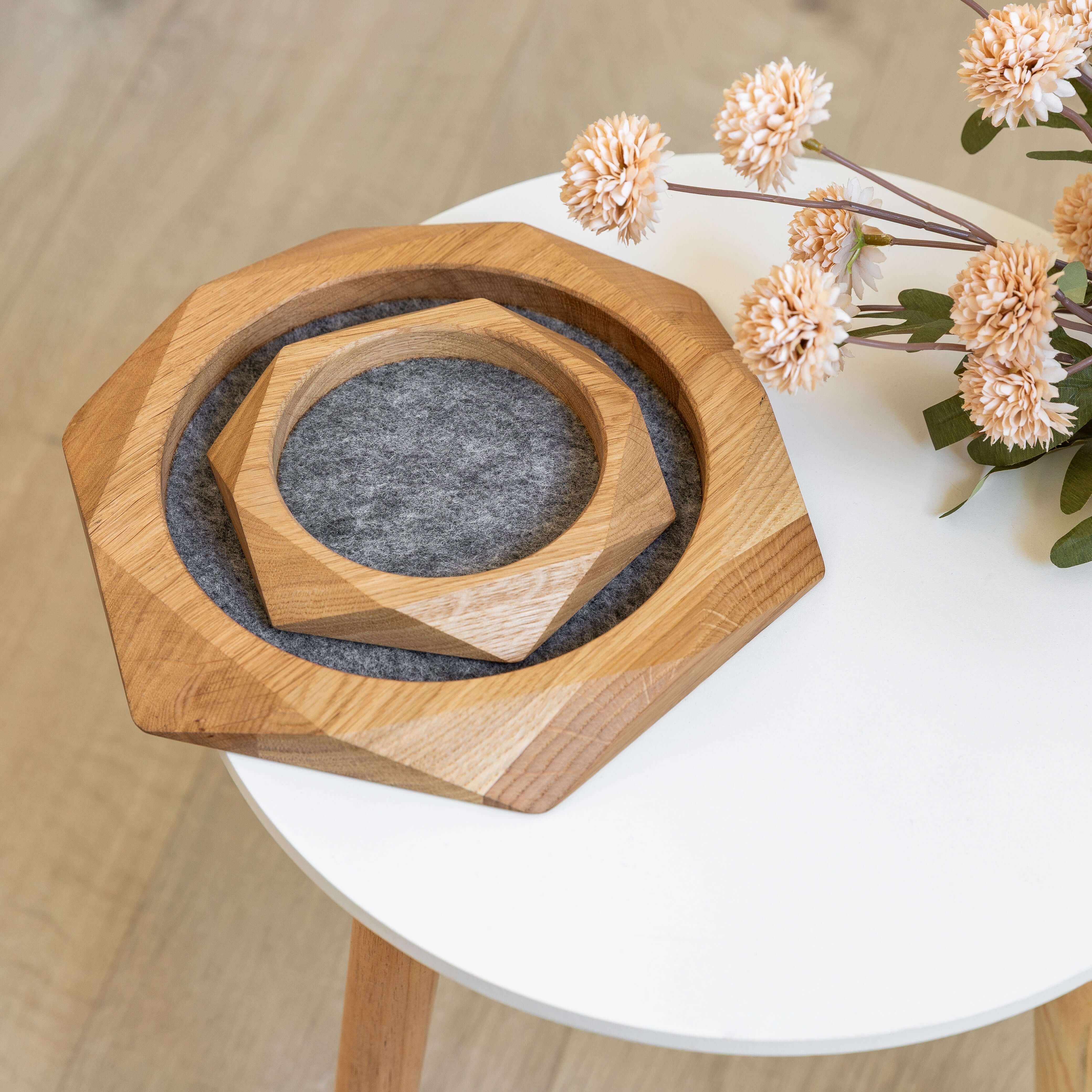 Geometric Wooden Tray made from oak with soft felt lining, perfect for organizing jewelry and desk accessories.