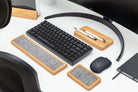Keyboard Wrist Rest set featuring oak finish, ergonomic support for keyboard and mouse on a modern workspace.